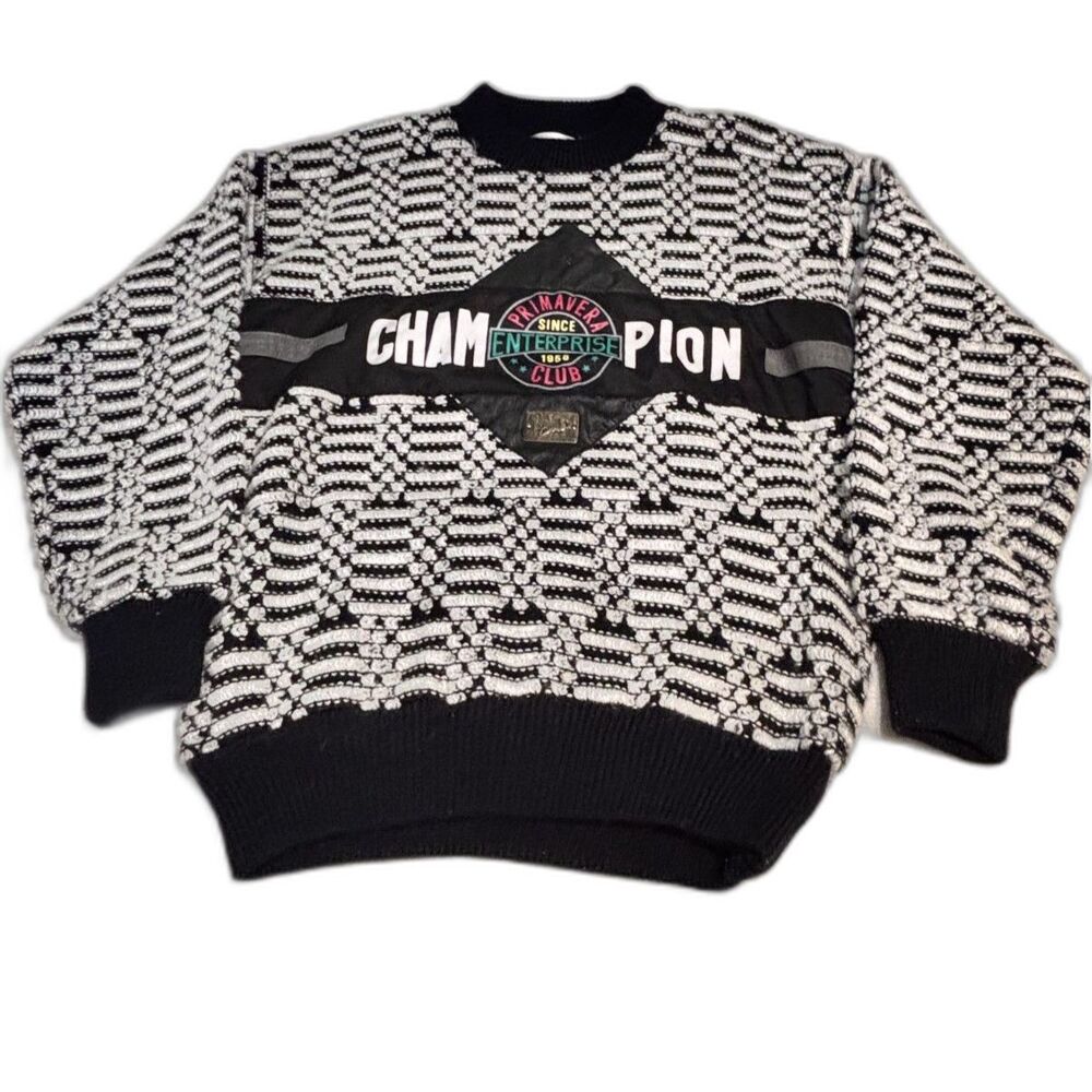 Vintage 90s 3D Knit Sweater Mens M Black White Geometric Champion Patch Grandpa